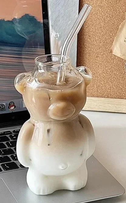 Cartoon Bear Shaped Coffee Mug Cute Bear Mug Glass Cup with Straw Glasses Cup Birthday Christmas Gifts for Women Kids Friends