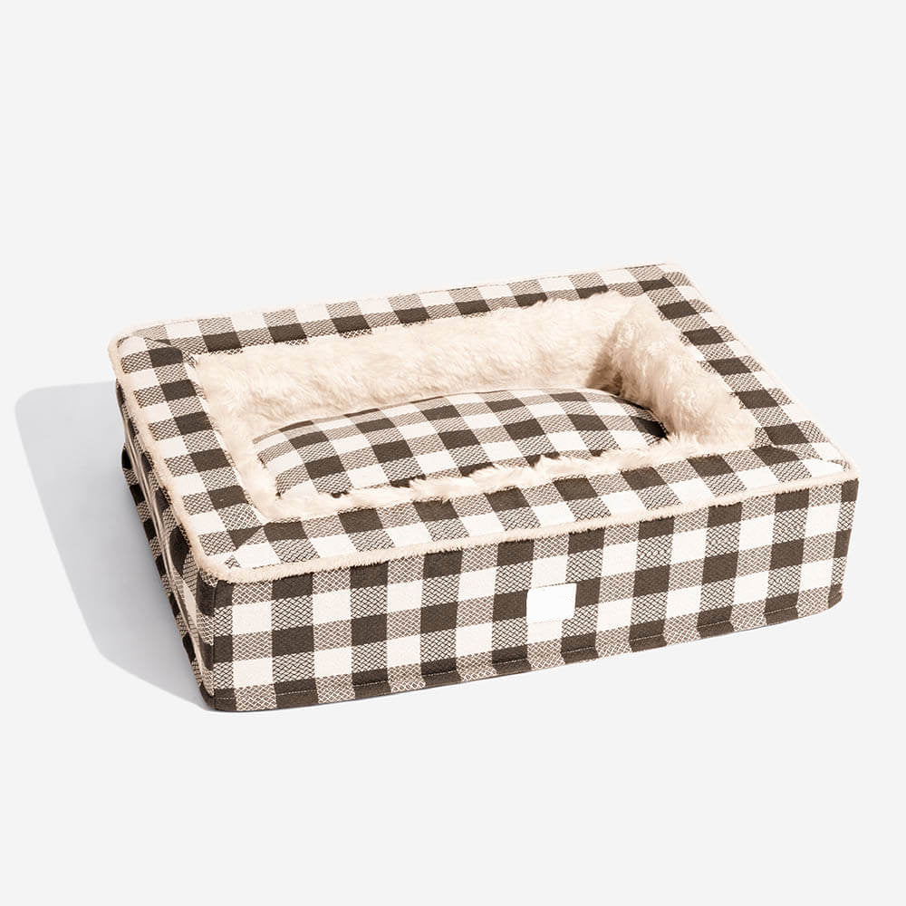 Calming Dog Bed – Festive Tartan Anti-Anxiety Plush Nest with Washable Cover & Orthopedic Foam Support (M–XL)