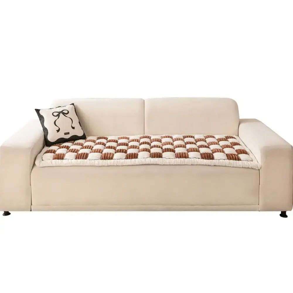 Cream-colored Large Plaid Square Fuzzy Pet Mat Bed