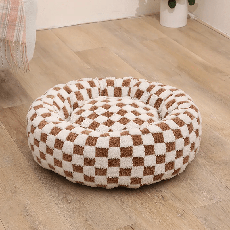 Donut Dog Bed – Calming Checker Plush Washable Nest for Small & Medium Dogs
