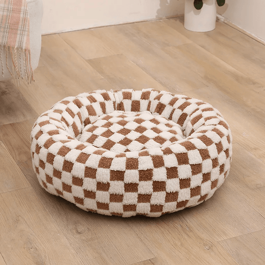 Donut Dog Bed – Calming Checker Plush Washable Nest for Small & Medium Dogs