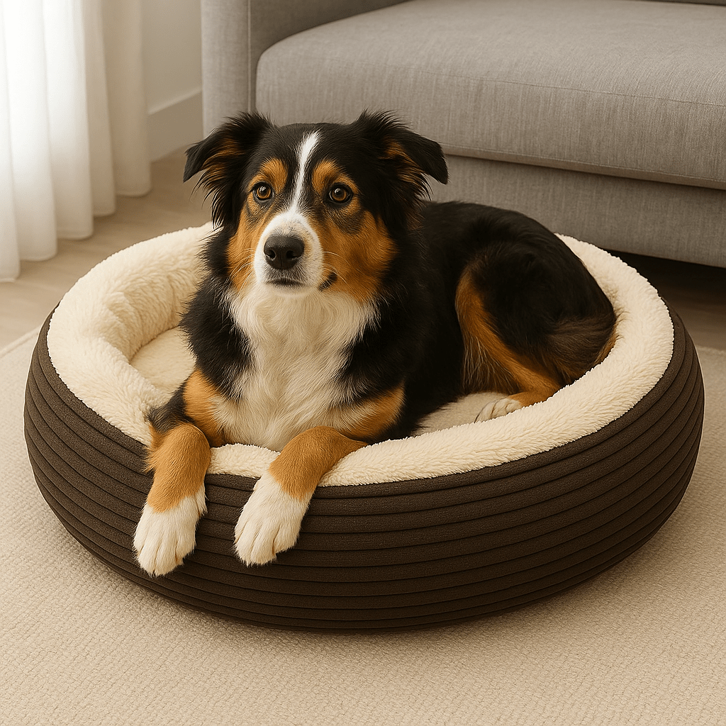 Large Plush Dog Bed for Large Dogs – Washable Cover, Anti-Slip, Calming Bolster (Grey/Cream)
