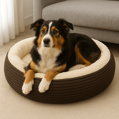 Large Plush Dog Bed for Large Dogs – Washable Cover, Anti-Slip, Calming Bolster (Grey/Cream)