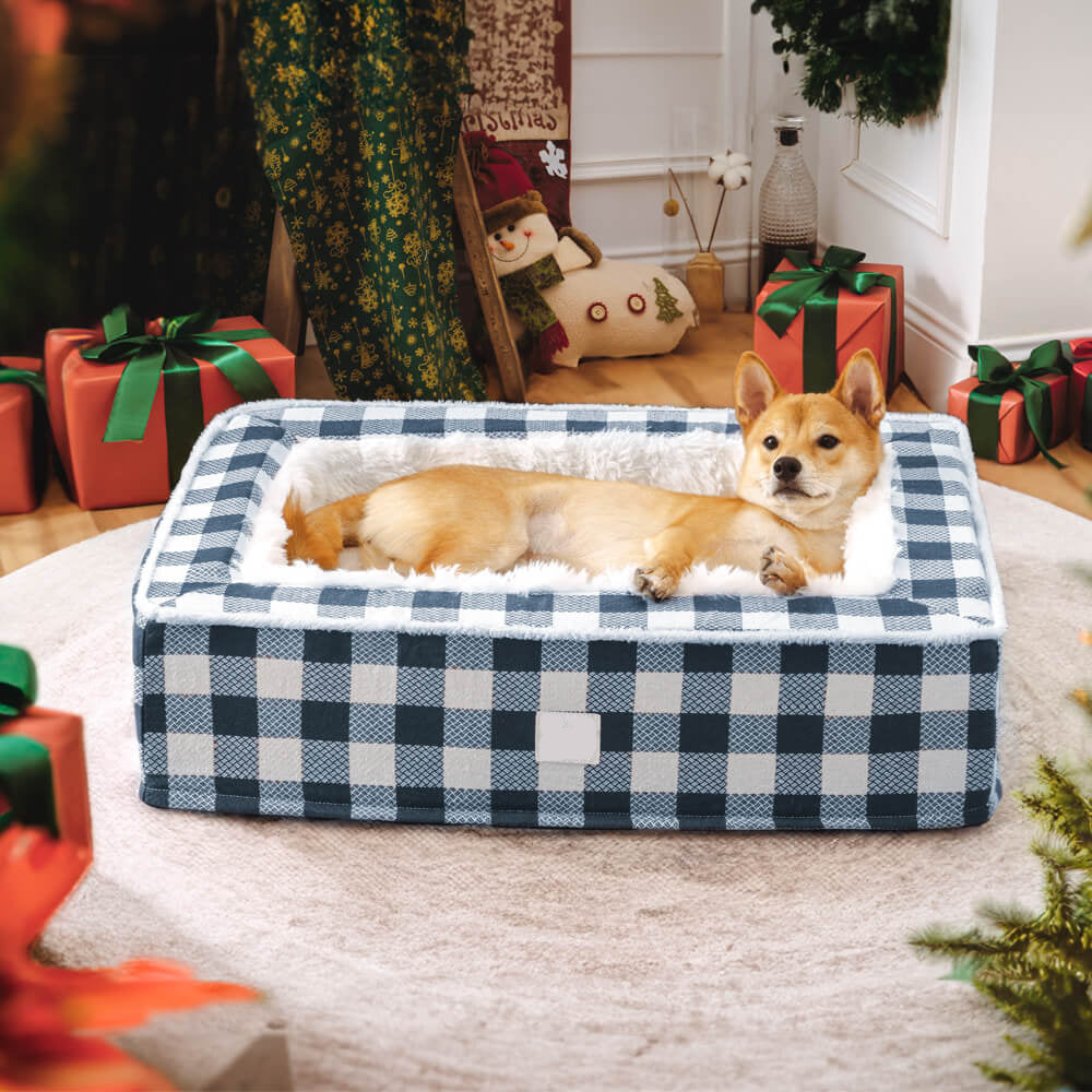 Calming Dog Bed – Festive Tartan Anti-Anxiety Plush Nest with Washable Cover & Orthopedic Foam Support (M–XL)