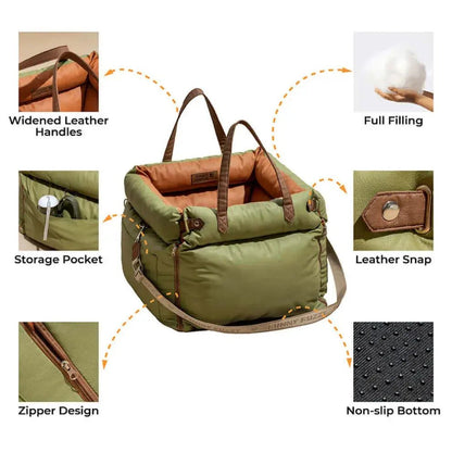 Dog Car Seat & Booster Bed – Faux-Leather, Safety Tether