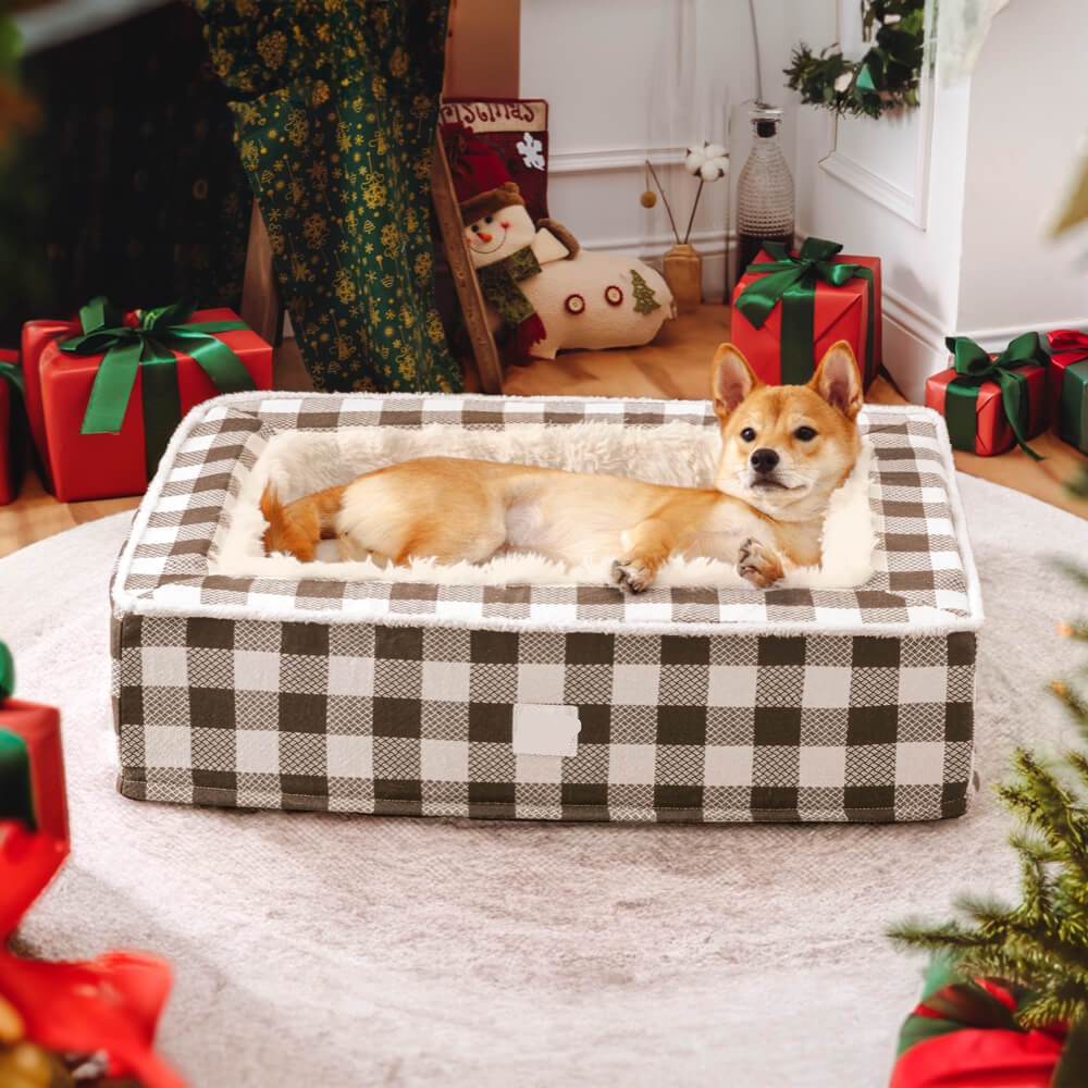 Calming Dog Bed – Festive Tartan Anti-Anxiety Plush Nest with Washable Cover & Orthopedic Foam Support (M–XL)