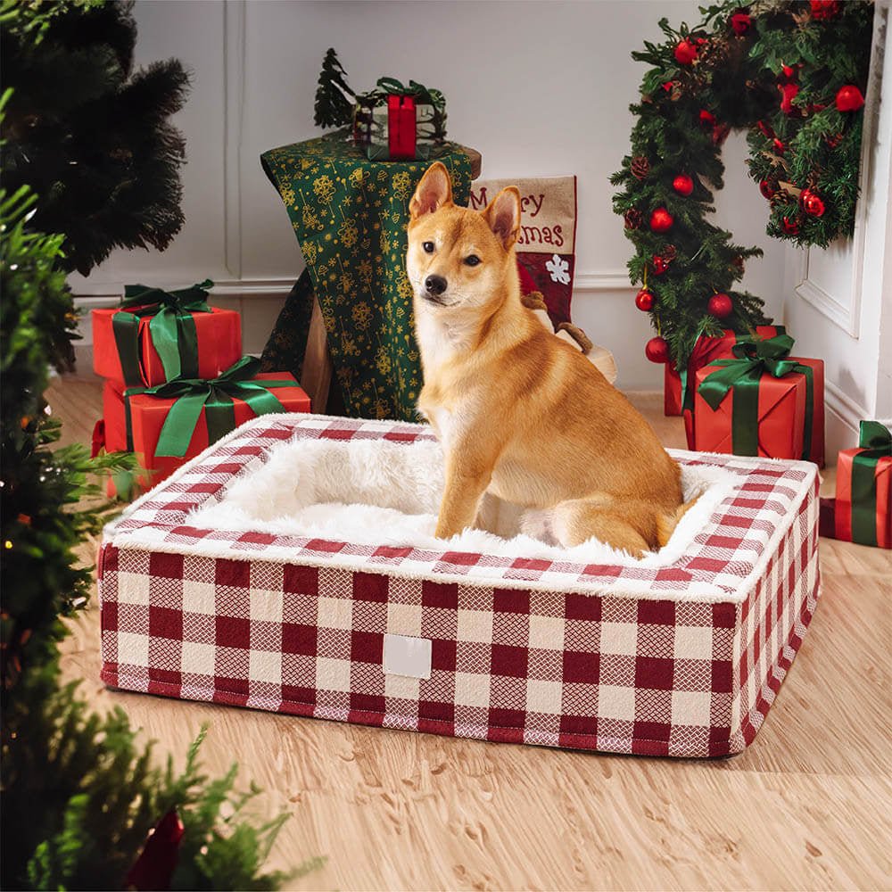 Calming Dog Bed – Festive Tartan Anti-Anxiety Plush Nest with Washable Cover & Orthopedic Foam Support (M–XL)