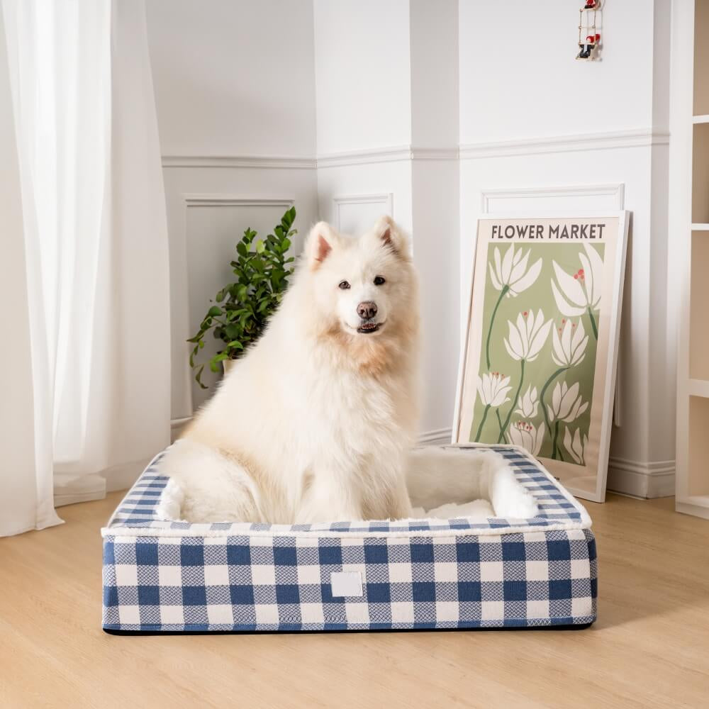 Calming Dog Bed – Festive Tartan Anti-Anxiety Plush Nest with Washable Cover & Orthopedic Foam Support (M–XL)