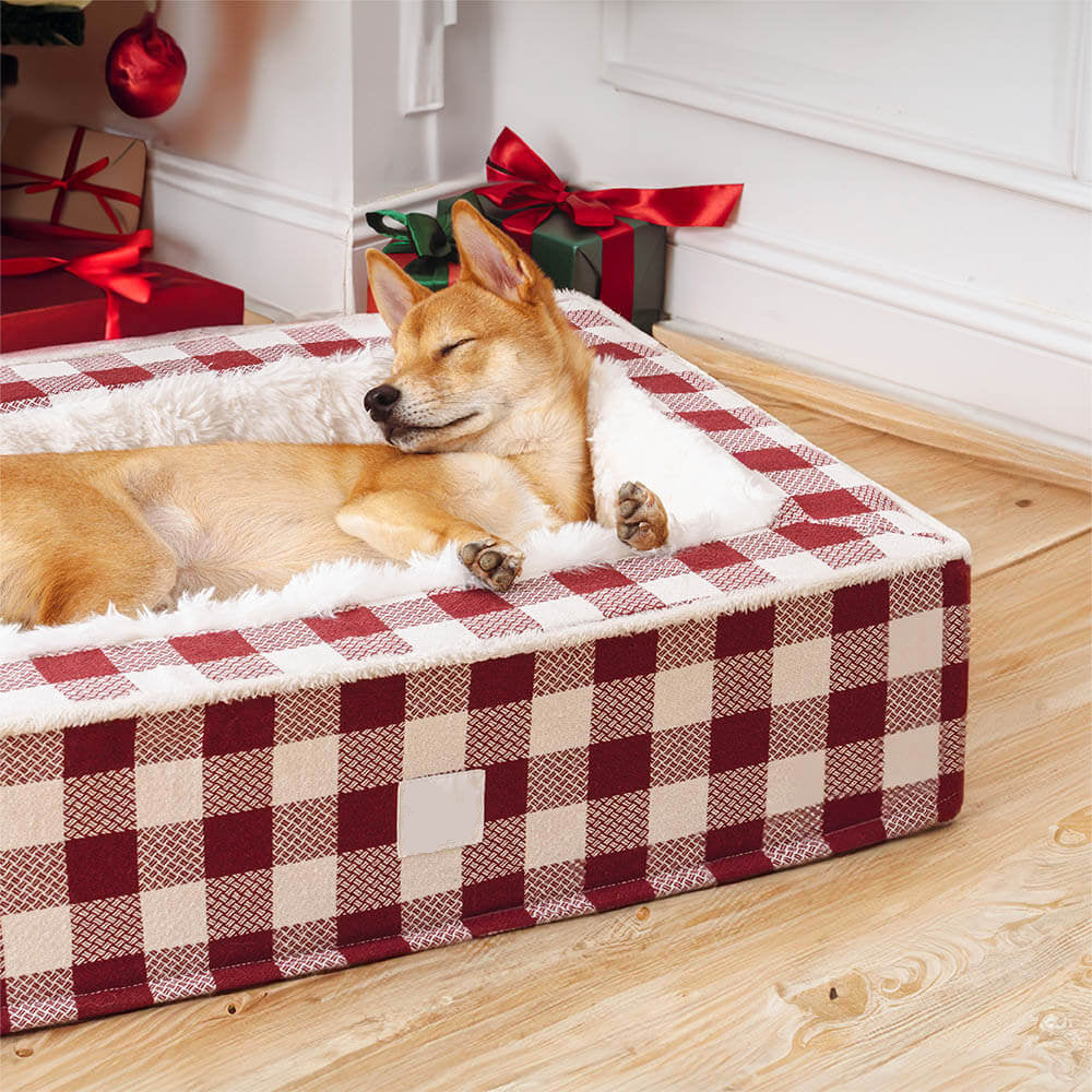 Calming Dog Bed – Festive Tartan Anti-Anxiety Plush Nest with Washable Cover & Orthopedic Foam Support (M–XL)