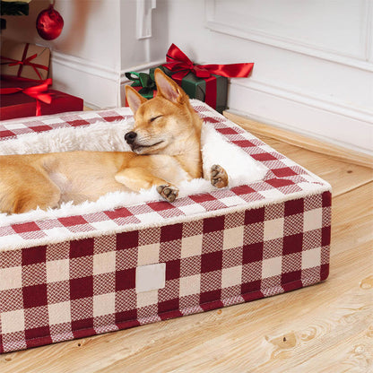 Calming Dog Bed – Festive Tartan Anti-Anxiety Plush Nest with Washable Cover & Orthopedic Foam Support (M–XL)