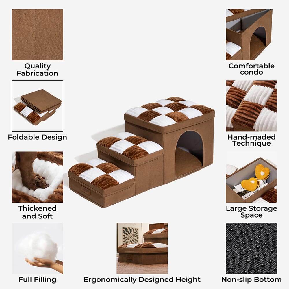 Chessboard Handcrafted Dog Steps With Storage And Condo - Napsteps