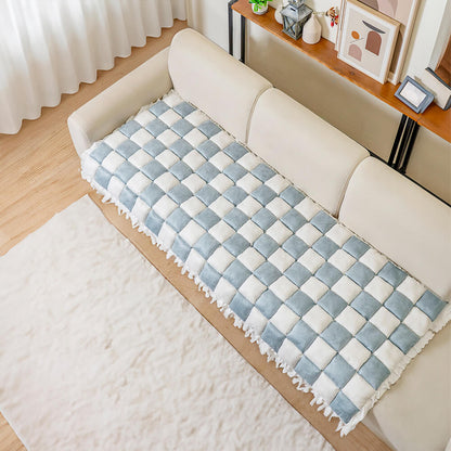 Cream-colored Large Plaid Square Fuzzy Pet Mat Bed