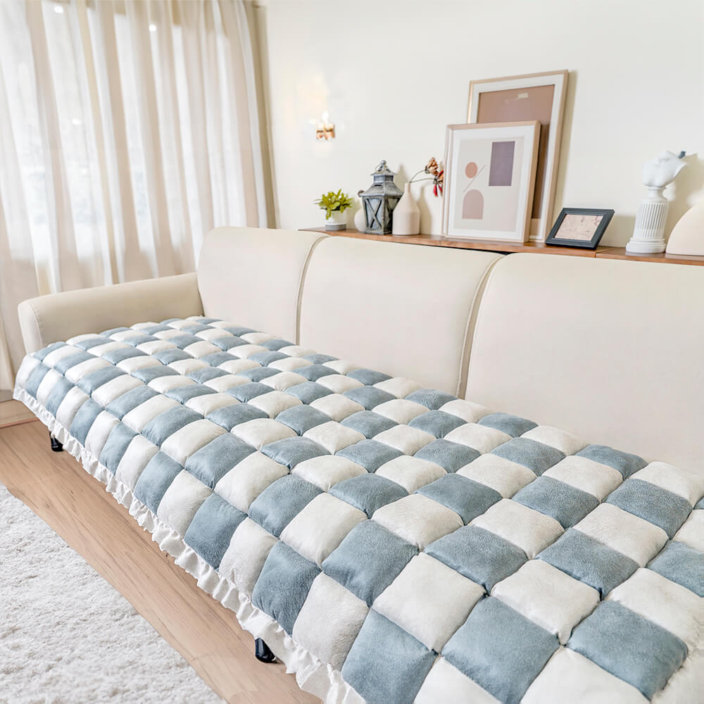 Cream-colored Large Plaid Square Fuzzy Pet Mat Bed