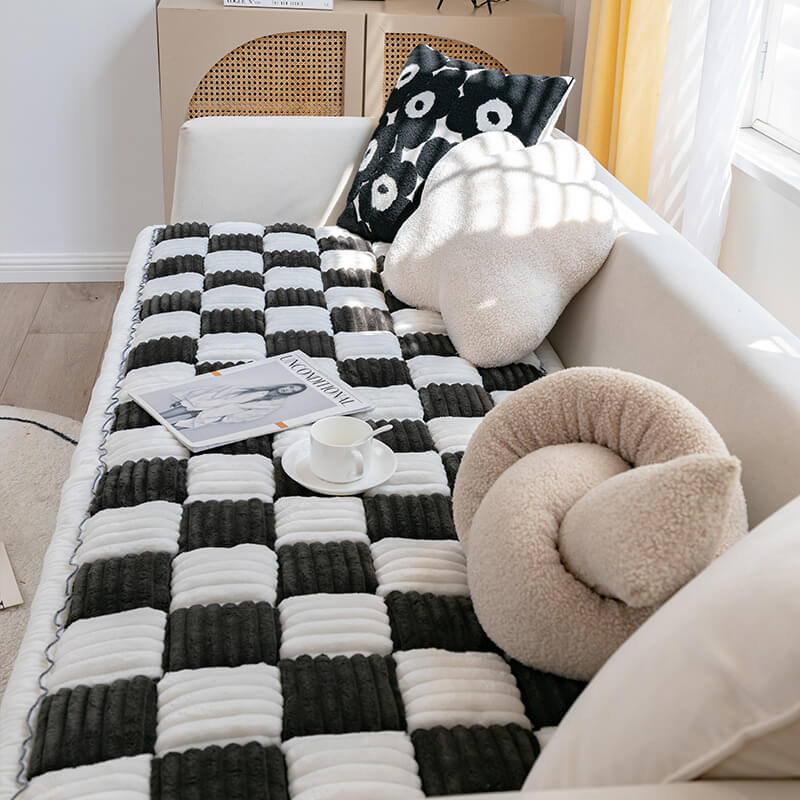 Cream-colored Large Plaid Square Fuzzy Pet Mat Bed