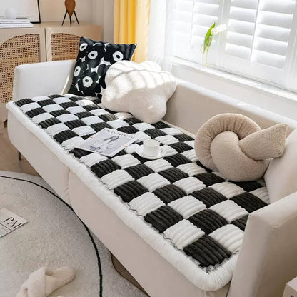 Cream-colored Large Plaid Square Fuzzy Pet Mat Bed