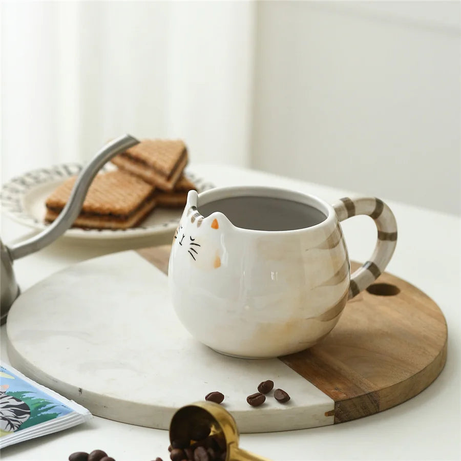Cute ceramic cup, cat shaped mug, milk, coffee, and water cups