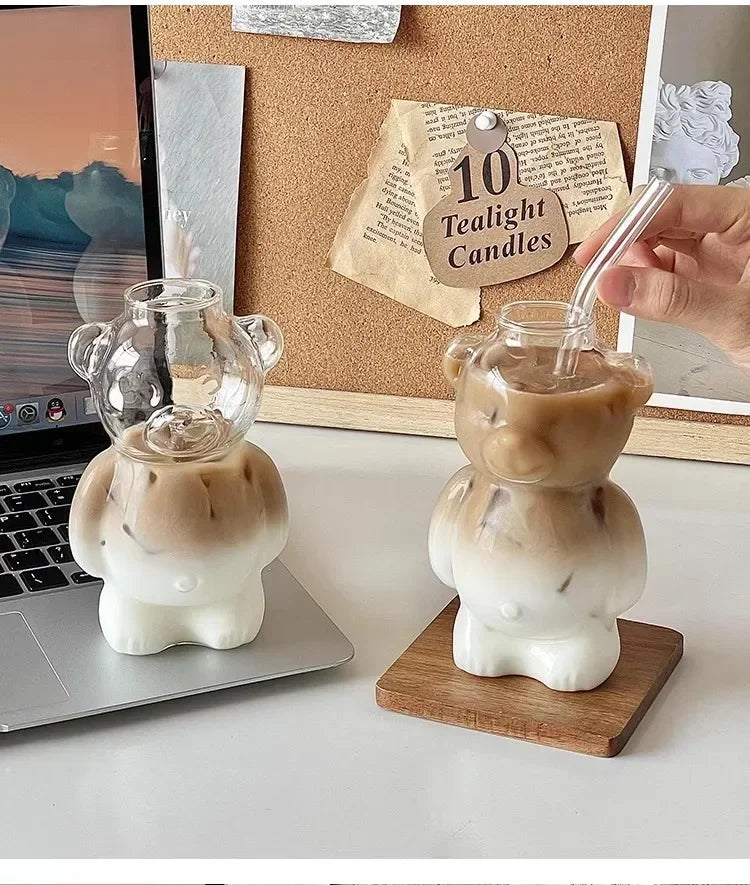Cartoon Bear Shaped Coffee Mug Cute Bear Mug Glass Cup with Straw Glasses Cup Birthday Christmas Gifts for Women Kids  Friends