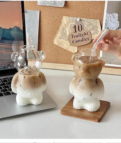 Cartoon Bear Shaped Coffee Mug Cute Bear Mug Glass Cup with Straw Glasses Cup Birthday Christmas Gifts for Women Kids  Friends