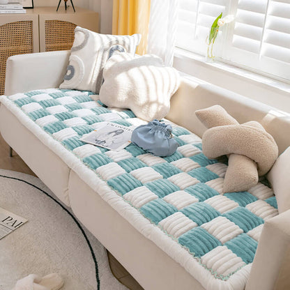 Cream-colored Large Plaid Square Fuzzy Pet Mat Bed