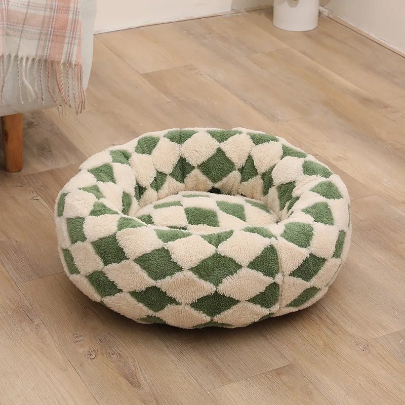 Donut Dog Bed – Calming Checker Plush Washable Nest for Small & Medium Dogs