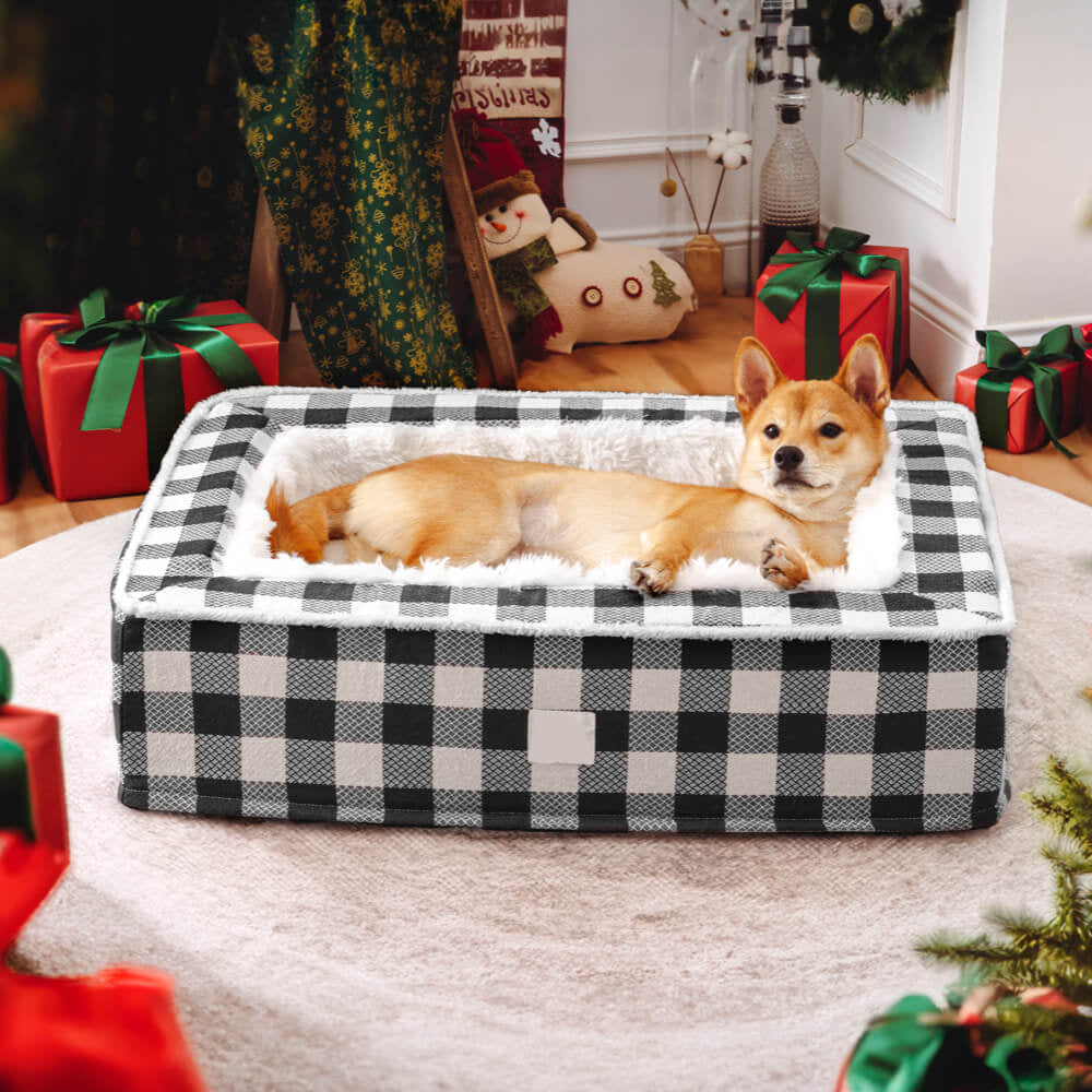 Calming Dog Bed – Festive Tartan Anti-Anxiety Plush Nest with Washable Cover & Orthopedic Foam Support (M–XL)