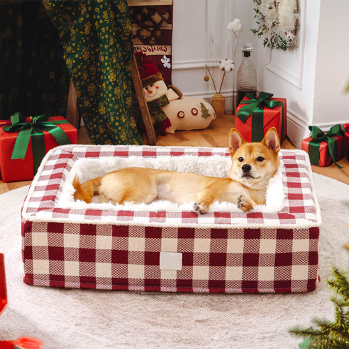 Calming Dog Bed – Festive Tartan Anti-Anxiety Plush Nest with Washable Cover & Orthopedic Foam Support (M–XL)
