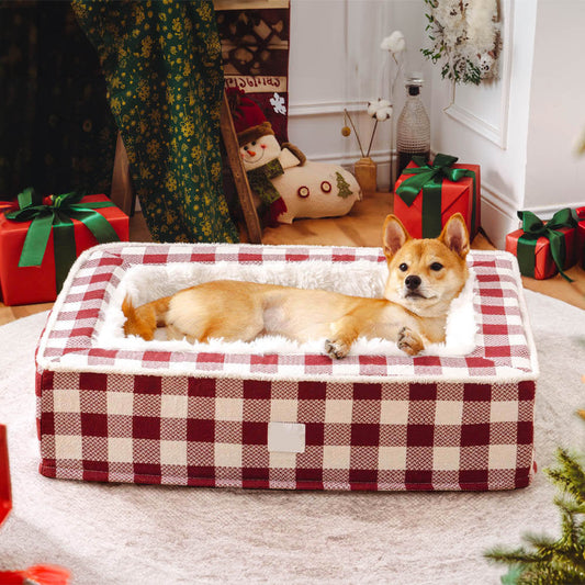 Calming Dog Bed – Festive Tartan Anti-Anxiety Plush Nest with Washable Cover & Orthopedic Foam Support (M–XL)