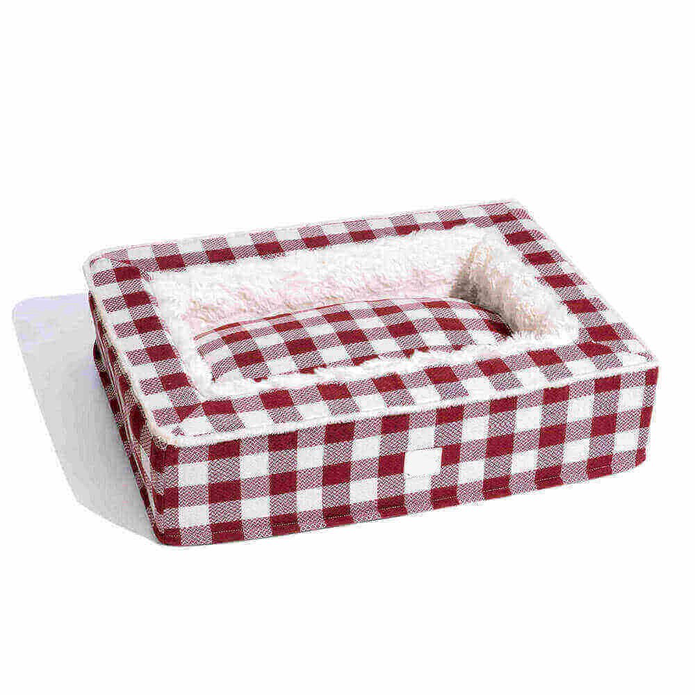 Calming Dog Bed – Festive Tartan Anti-Anxiety Plush Nest with Washable Cover & Orthopedic Foam Support (M–XL)