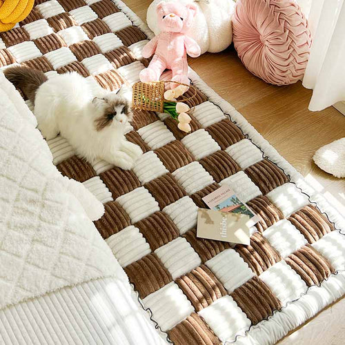 Cream-colored Large Plaid Square Fuzzy Pet Mat Bed
