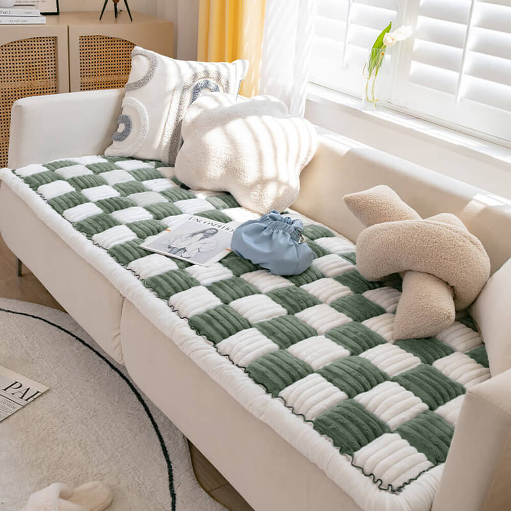Cream-colored Large Plaid Square Fuzzy Pet Mat Bed